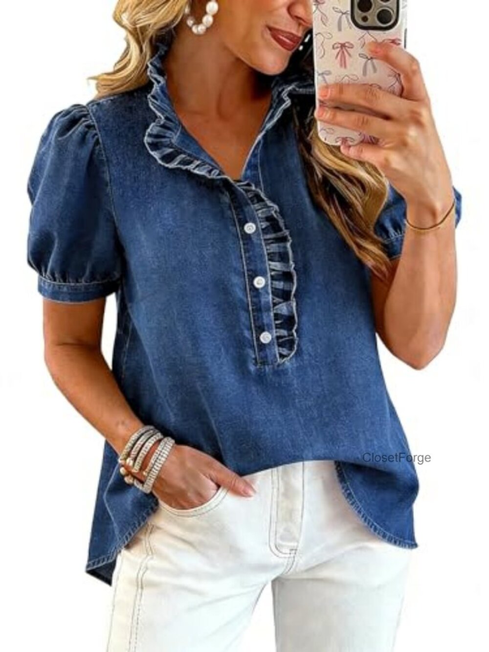 Women's Ruffled Denim Button Down Shirt Short Sleeve Y2K Jean Blouse